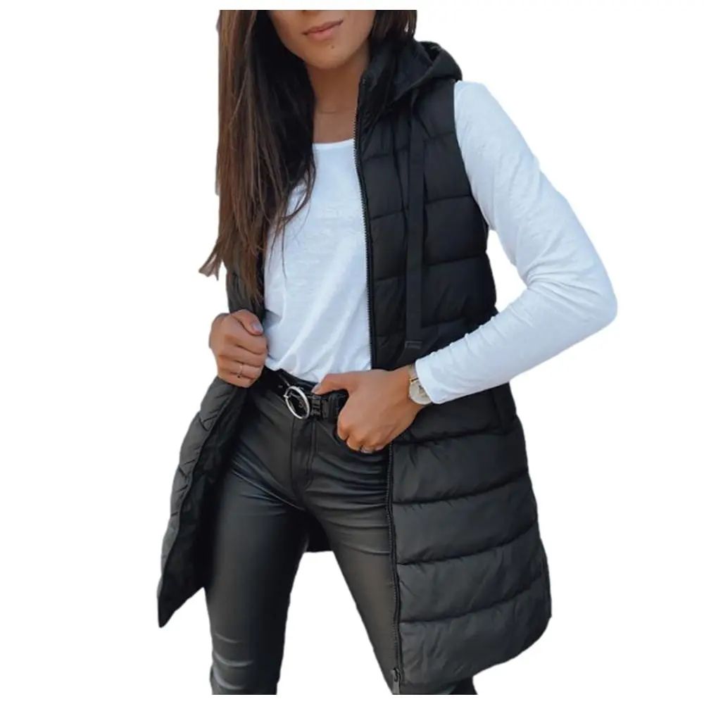 🧥 Women's Solid Color Long Puffer Vest – Sleeveless Hooded Winter Outwear