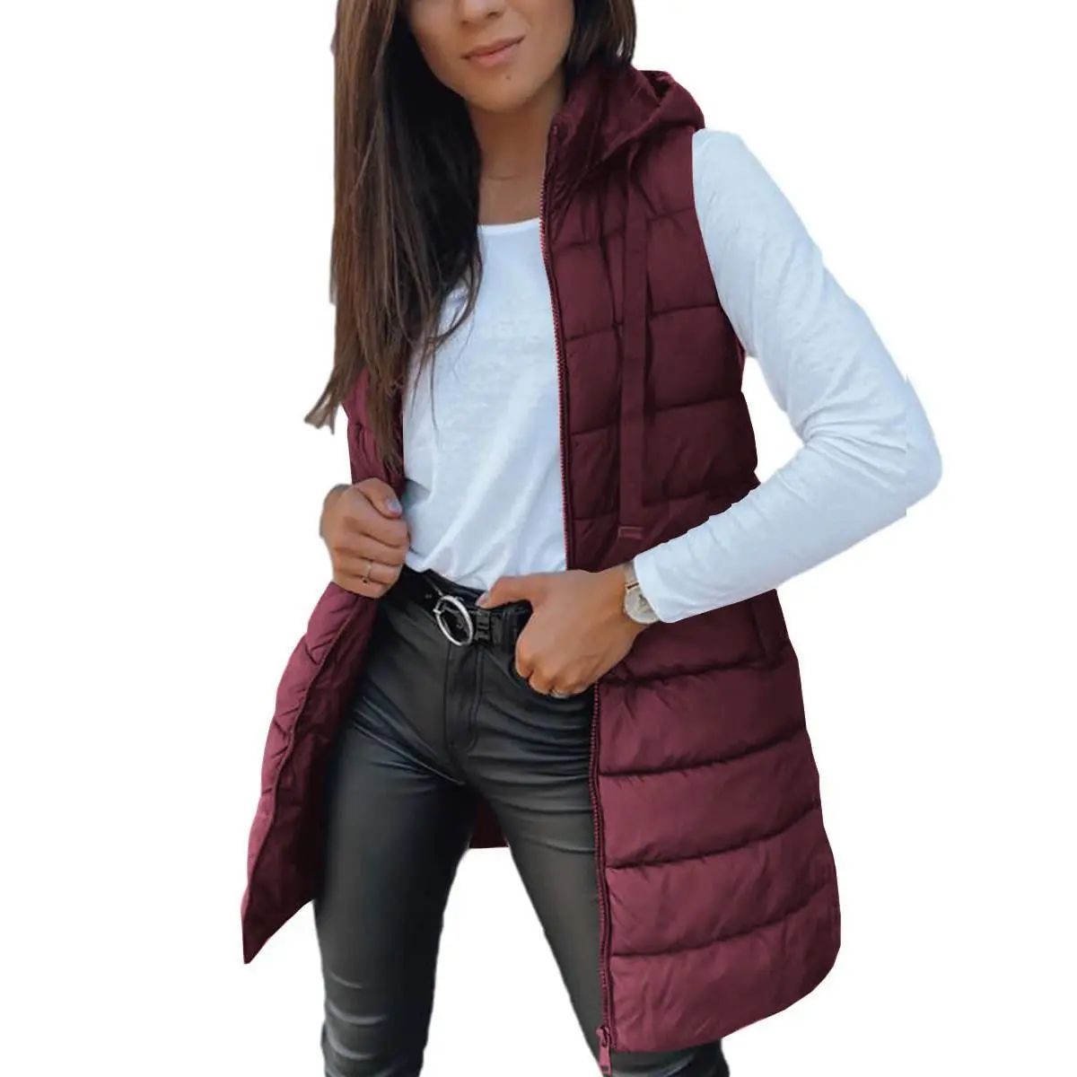 🧥 Women's Solid Color Long Puffer Vest – Sleeveless Hooded Winter Outwear
