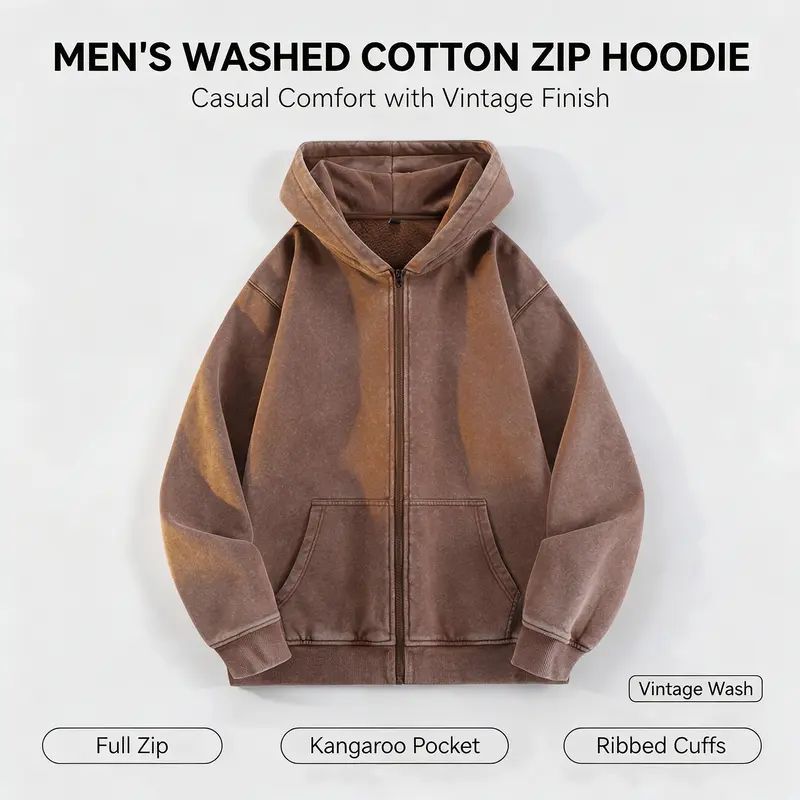 Men's Retro Washed Full Zip Hoodie – Cotton Fleece Lined Boxy Fit Sweatshirt with Kangaroo Pocket