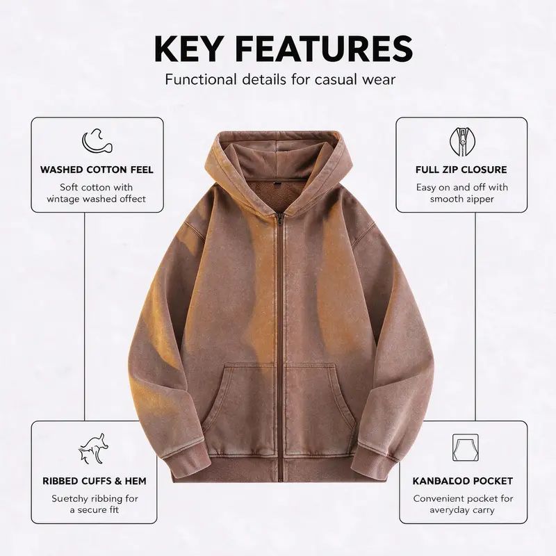 Men's Retro Washed Full Zip Hoodie – Cotton Fleece Lined Boxy Fit Sweatshirt with Kangaroo Pocket