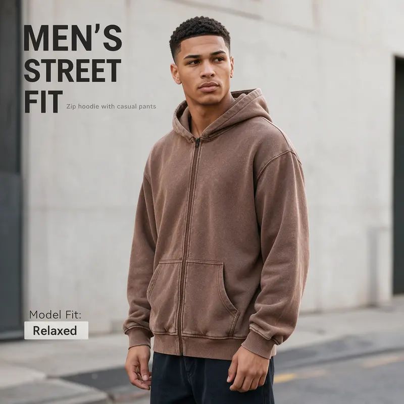Men's Retro Washed Full Zip Hoodie – Cotton Fleece Lined Boxy Fit Sweatshirt with Kangaroo Pocket