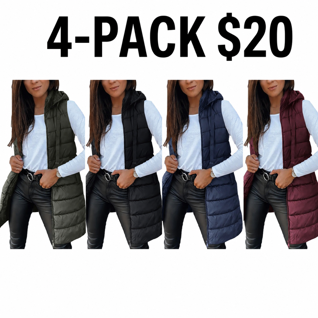 🧥 Women's Solid Color Long Puffer Vest – Sleeveless Hooded Winter Outwear