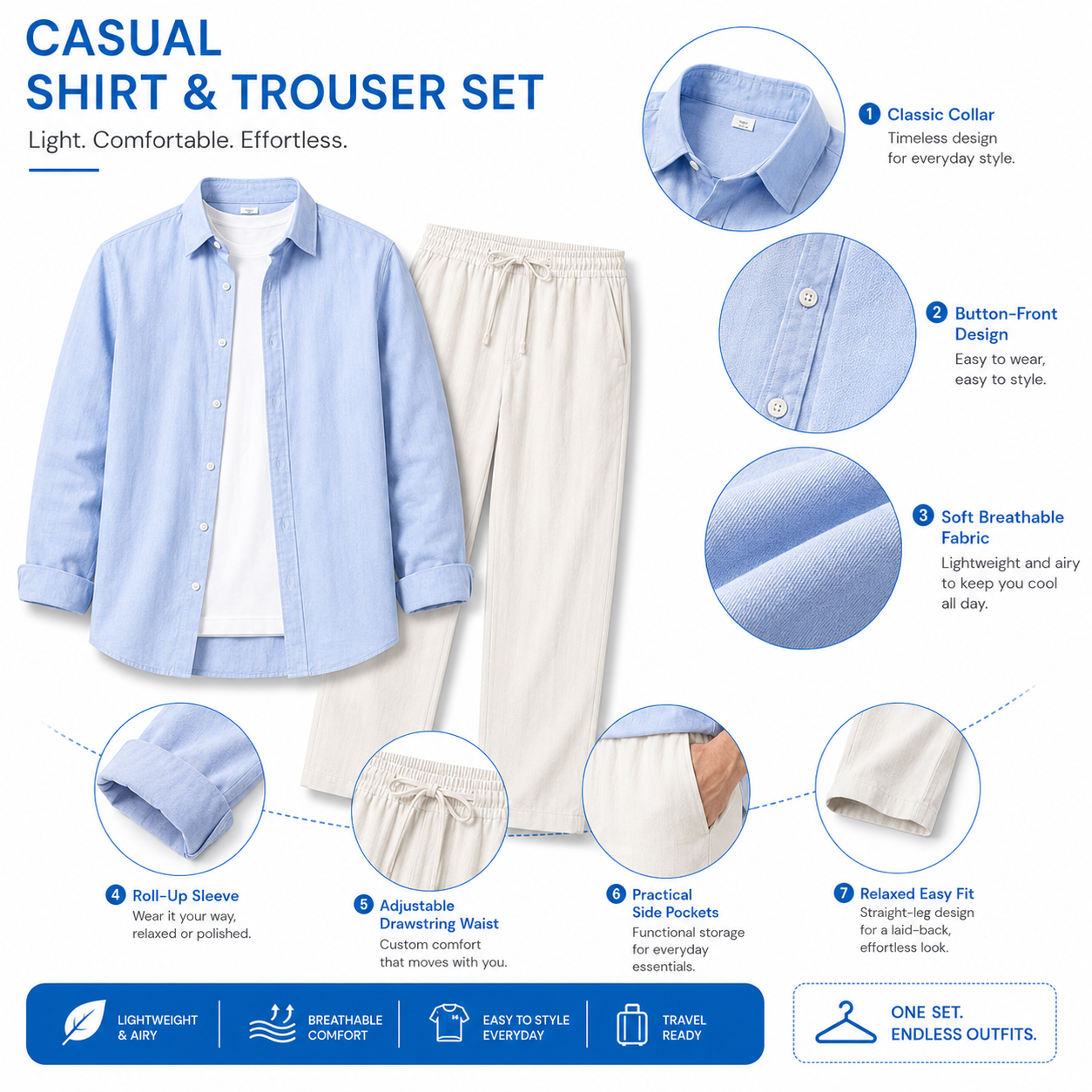 👔 Men's Lightweight Linen 2-Piece Set – Loose Fit Button-Down Shirt & Pants