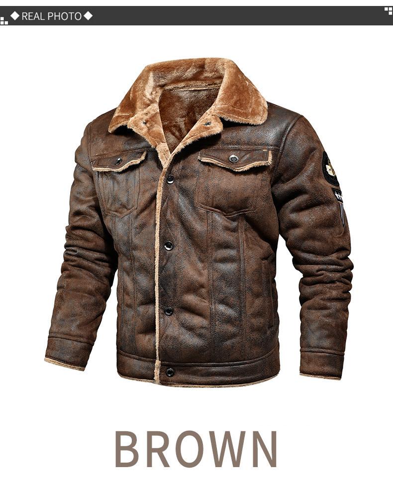 Men's Brown Faux Shearling Leather Trucker Jacket - Vintage Bike Style, Plush Long Sleeve, Multiple Pockets, Suitable for Daily Casual & Motorcycle Riding (Menswear Outerwear)