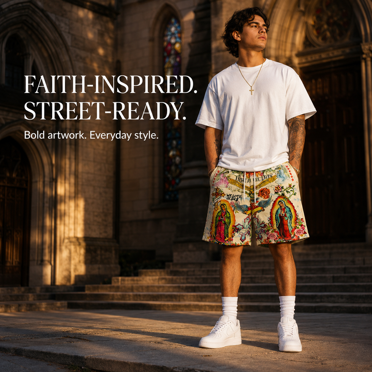  Virgin Mary & Jesus Print Streetwear Shorts