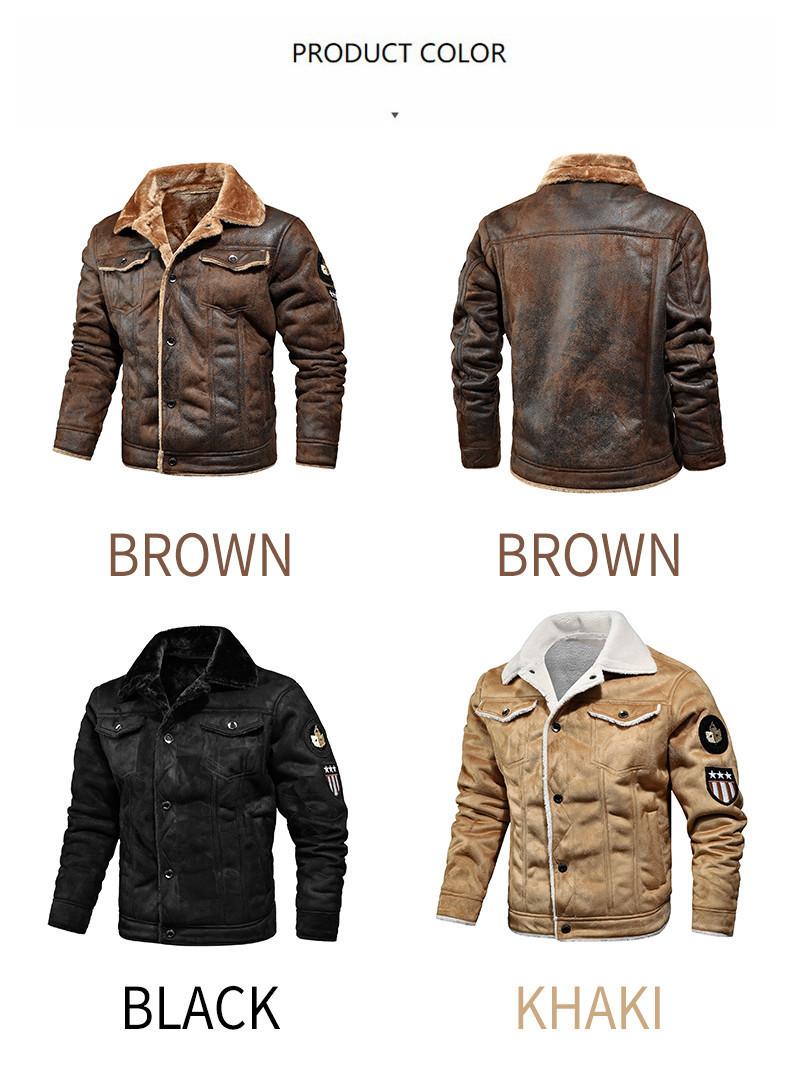 Men's Brown Faux Shearling Leather Trucker Jacket - Vintage Bike Style, Plush Long Sleeve, Multiple Pockets, Suitable for Daily Casual & Motorcycle Riding (Menswear Outerwear)