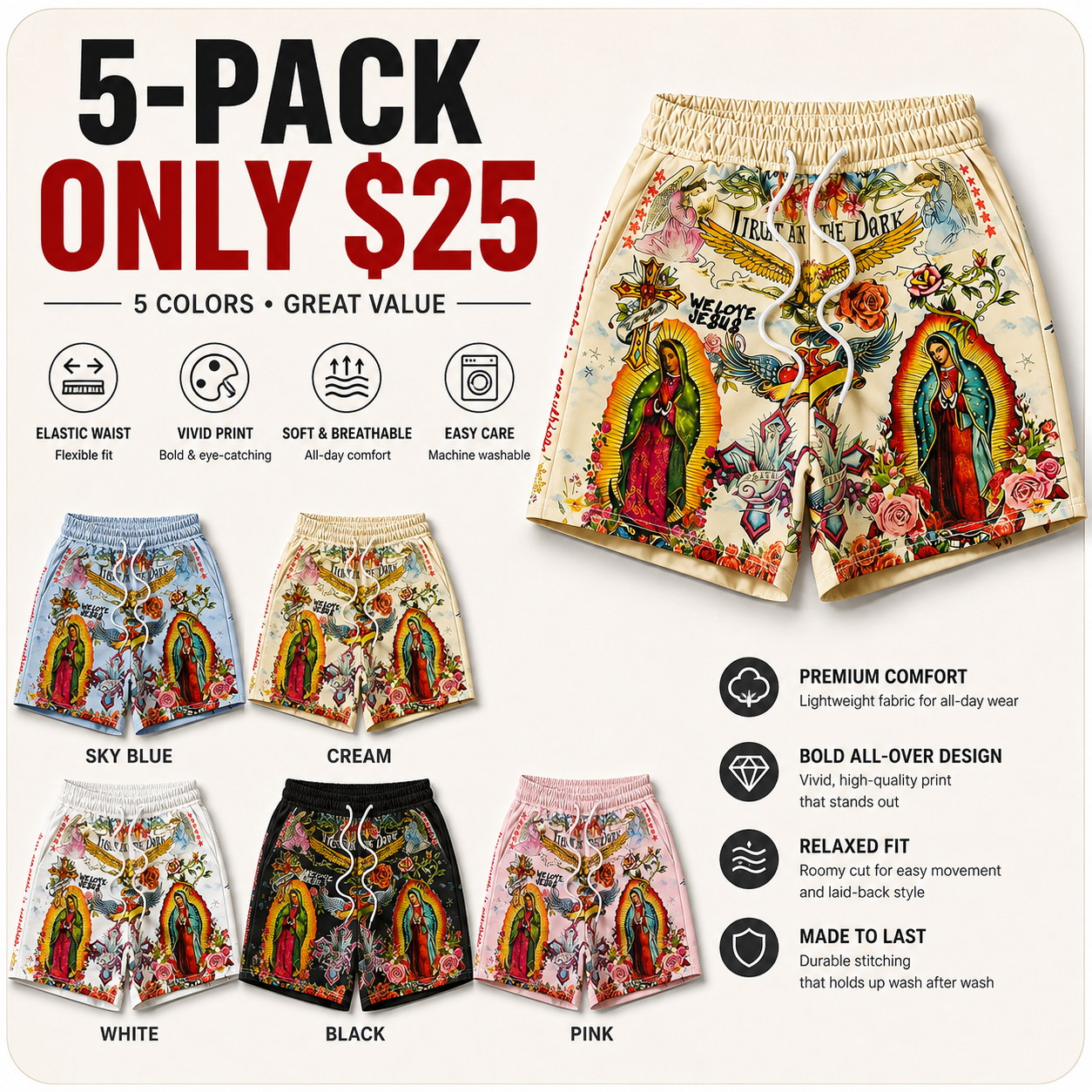  Virgin Mary & Jesus Print Streetwear Shorts