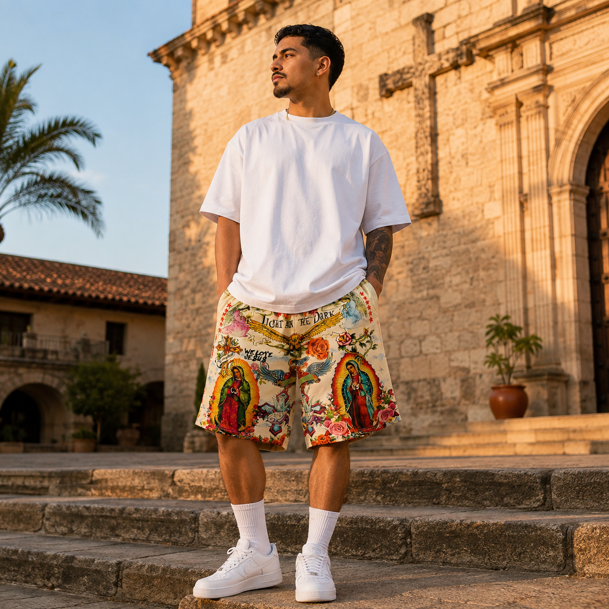  Virgin Mary & Jesus Print Streetwear Shorts