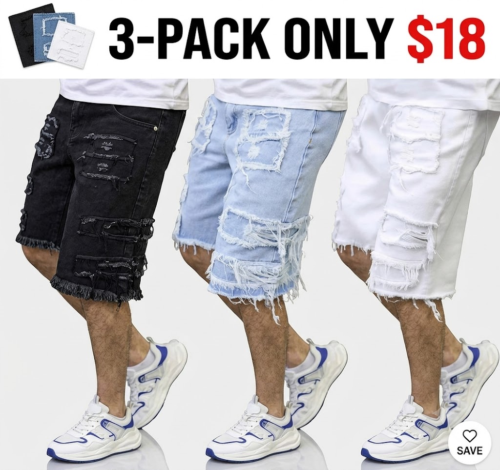 Distressed raw-edge denim shorts with slight stretch; pants without a drawstring