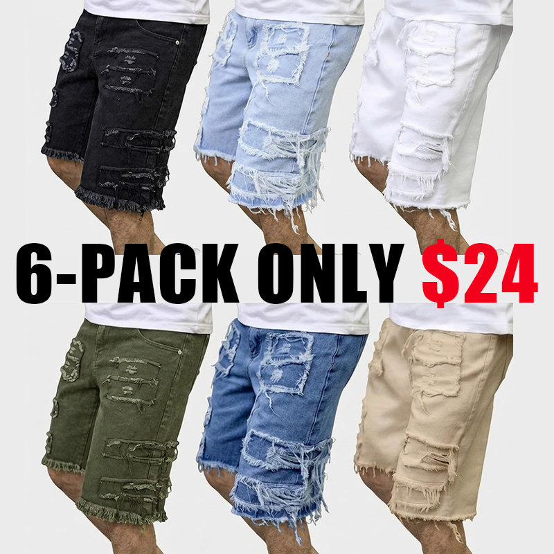 Distressed raw-edge denim shorts with slight stretch; pants without a drawstring