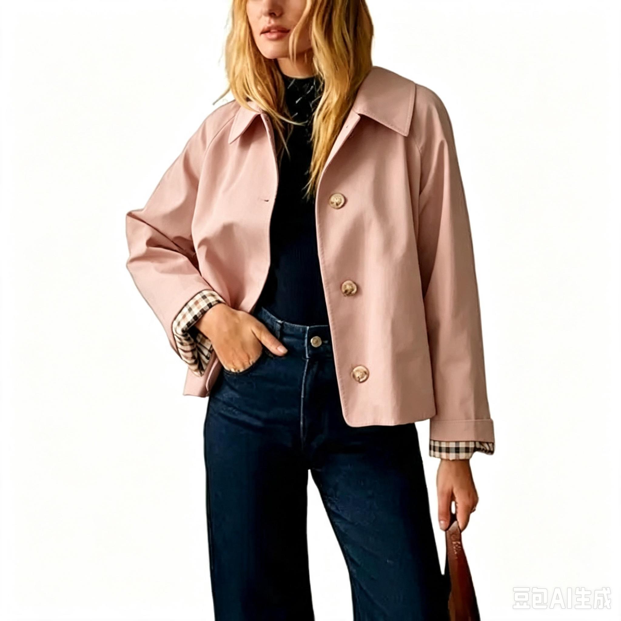 Women's Cropped Trench Coat Classic Lapel Oversized Casual Jacket with Plaid Lining, Lightweight Seasonal Outerwear