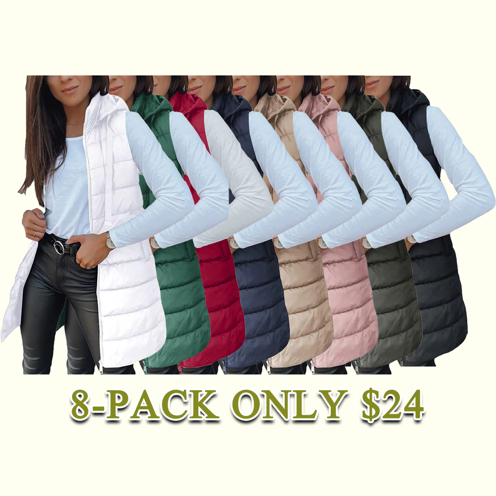 Women's Solid Long Hooded Puffer Vest, Sleeveless Winter Padded Outerwear Casual Warm Sleeveless Hood Vest