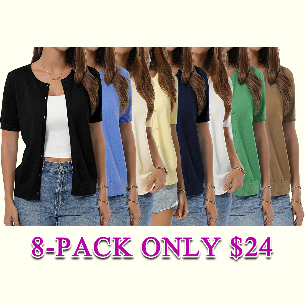Women's 100% Cotton Cropped Button Down Cardigan Lightweight Short Sleeve Knit Sweater