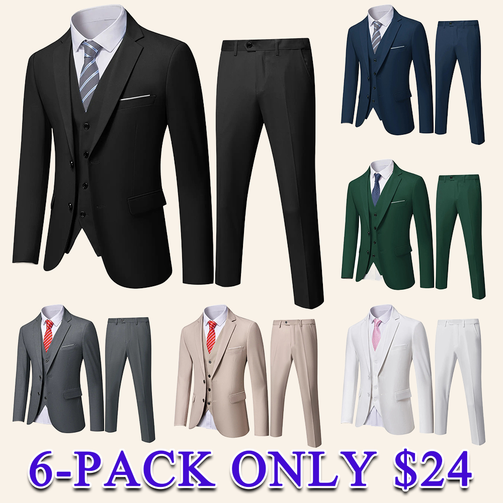 Men's 3-Piece Formal Suit Set Long Sleeve Blazer, Vest, Pants and Tie, Premium Business Wedding Groom Outfit