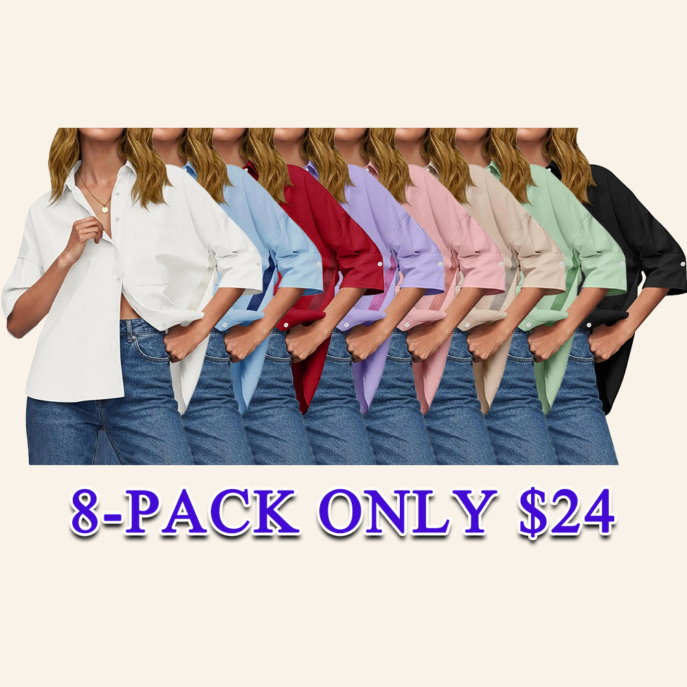 Women's Oversized V-Neck Button Down Blouse Half Sleeve High Low Loose Fit Business Casual Summer Tops