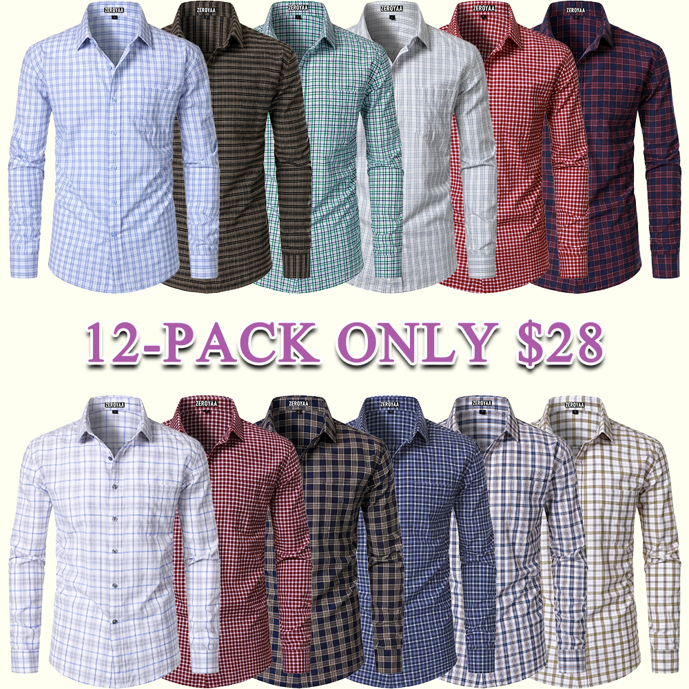 Men's Plaid Gingham Slim Fit Dress Shirt Long Sleeve Classic Button Down Lightweight Casual Formal School Outfit