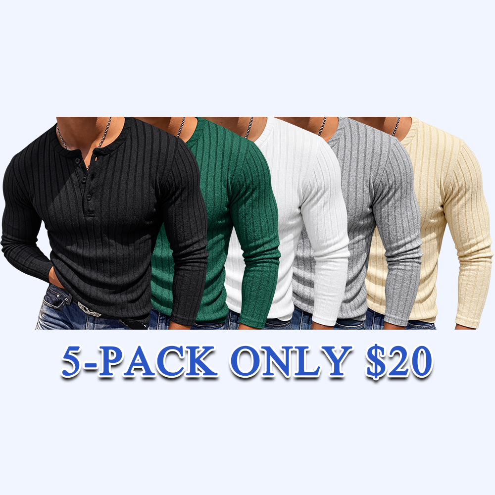 Men's Ribbed Henley Long Sleeve Shirt - Slim Fit Stretch Knit Pullover, Soft Breathable Casual Fashion Tee