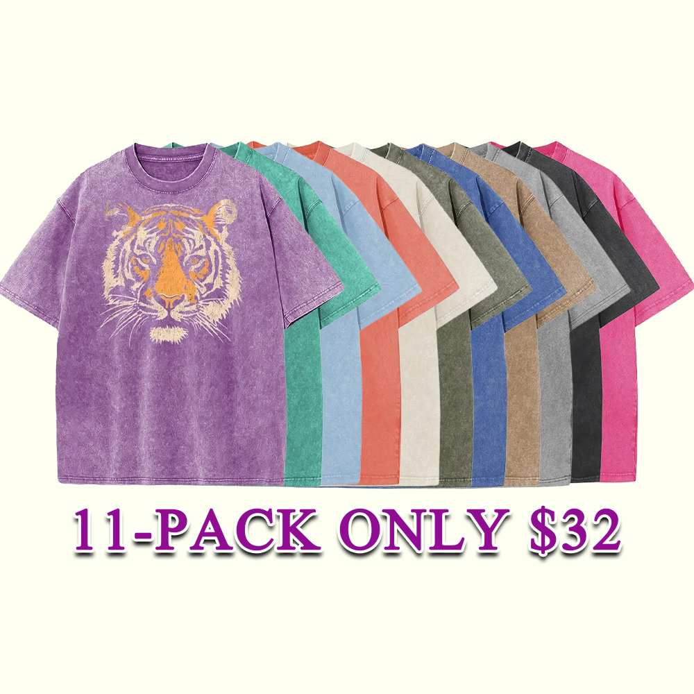 Unisex Vintage Tiger Graphic Short Sleeve T‑Shirt Acid Washed Heavyweight Cotton Oversized Crew Neck Casual
