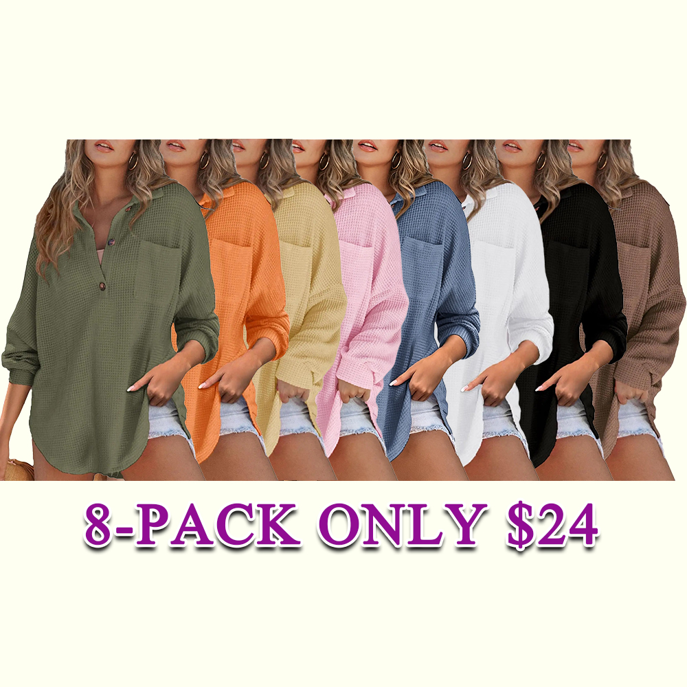 Women's Oversized Waffle Henley Shirt Button V-Neck Long Sleeve Mesh Knit Tunic Blouse