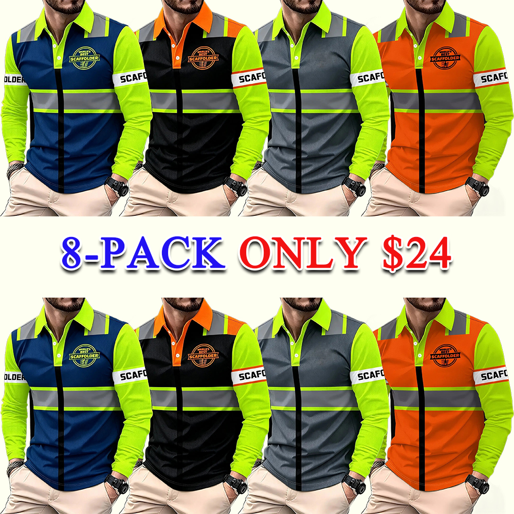 Men's Long Sleeve Safety Knitted Polo Shirt Reflective Fluorescent Stripes Casual Graphic Loose Fit Top