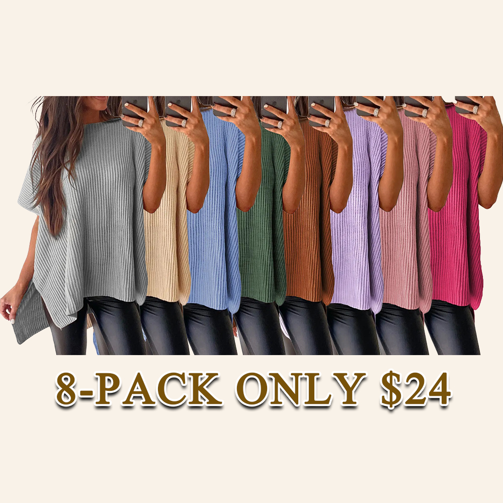 Women's Oversized Puff Short Sleeve Knit Sweater Casual Round Neck Side Slit Elegant Pullover Top