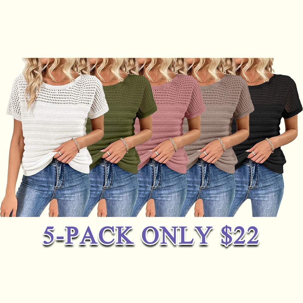 Women's Hollow Out Knit Sweater Short Sleeve Crew Neck Minimalist Pullover, Soft Acrylic Casual Summer
