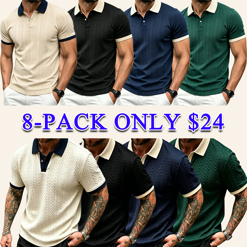 Men's Contrast Textured Knit Polo Shirt V-Neck Short Sleeve Old Money Casual Commuter Summer Tops