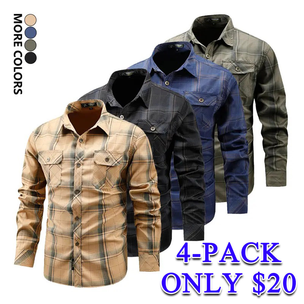 Men's Turn-Down Collar Plaid Long Sleeve Shirt Button Front Breathable Casual Light Business Tops