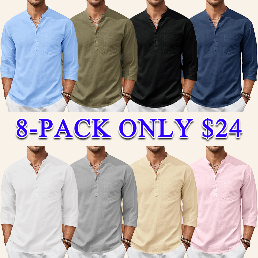 Men's Casual Henley Shirts 3/4 Sleeve Band Collar Cotton Linen Shirt Summer Beach Hippie T-Shirts with Pocket