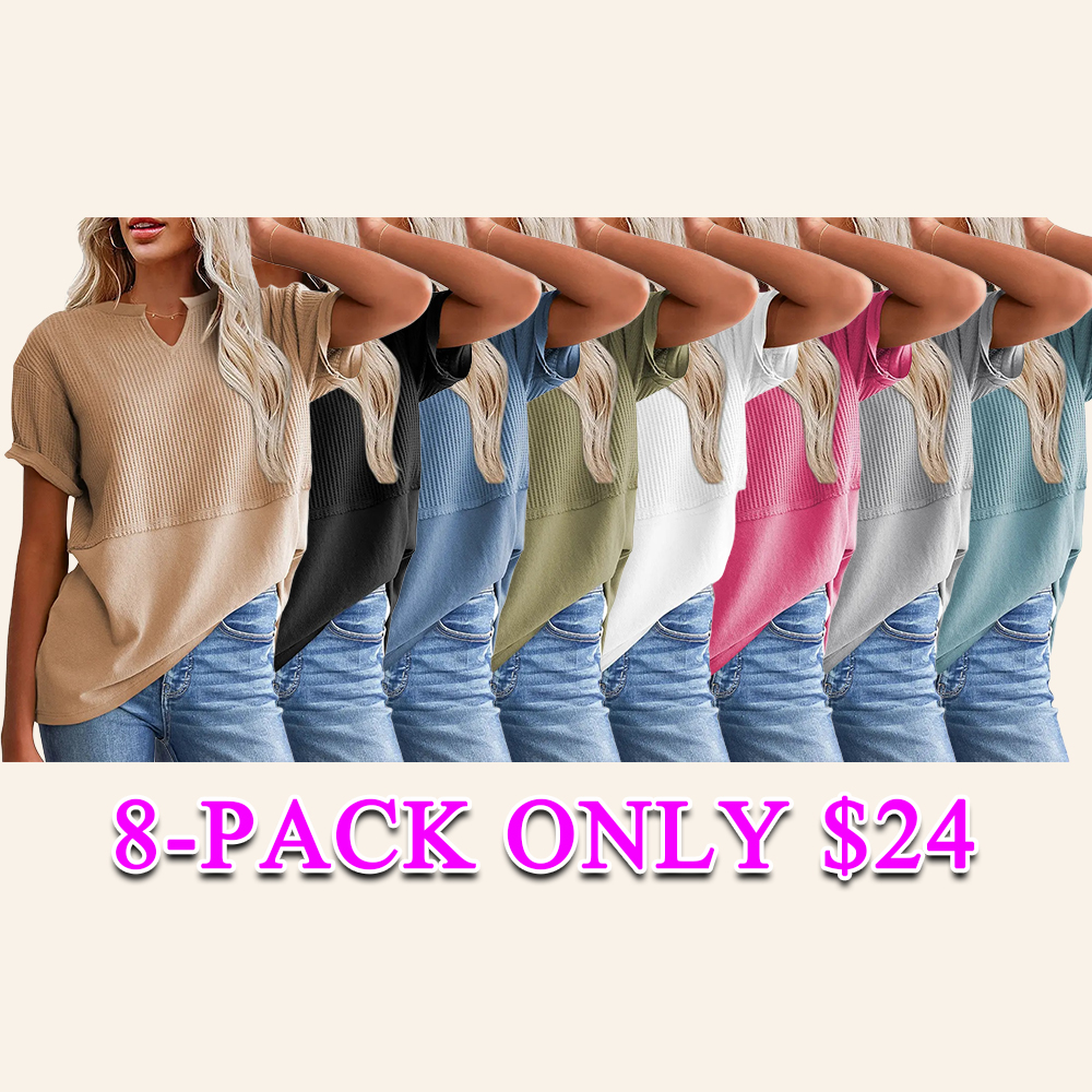 Women's Waffle Knit V-Neck Tunic Top Casual Short Sleeve Loose Fit Lightweight Summer Shirt for Beach Party Back to School Daily Wear