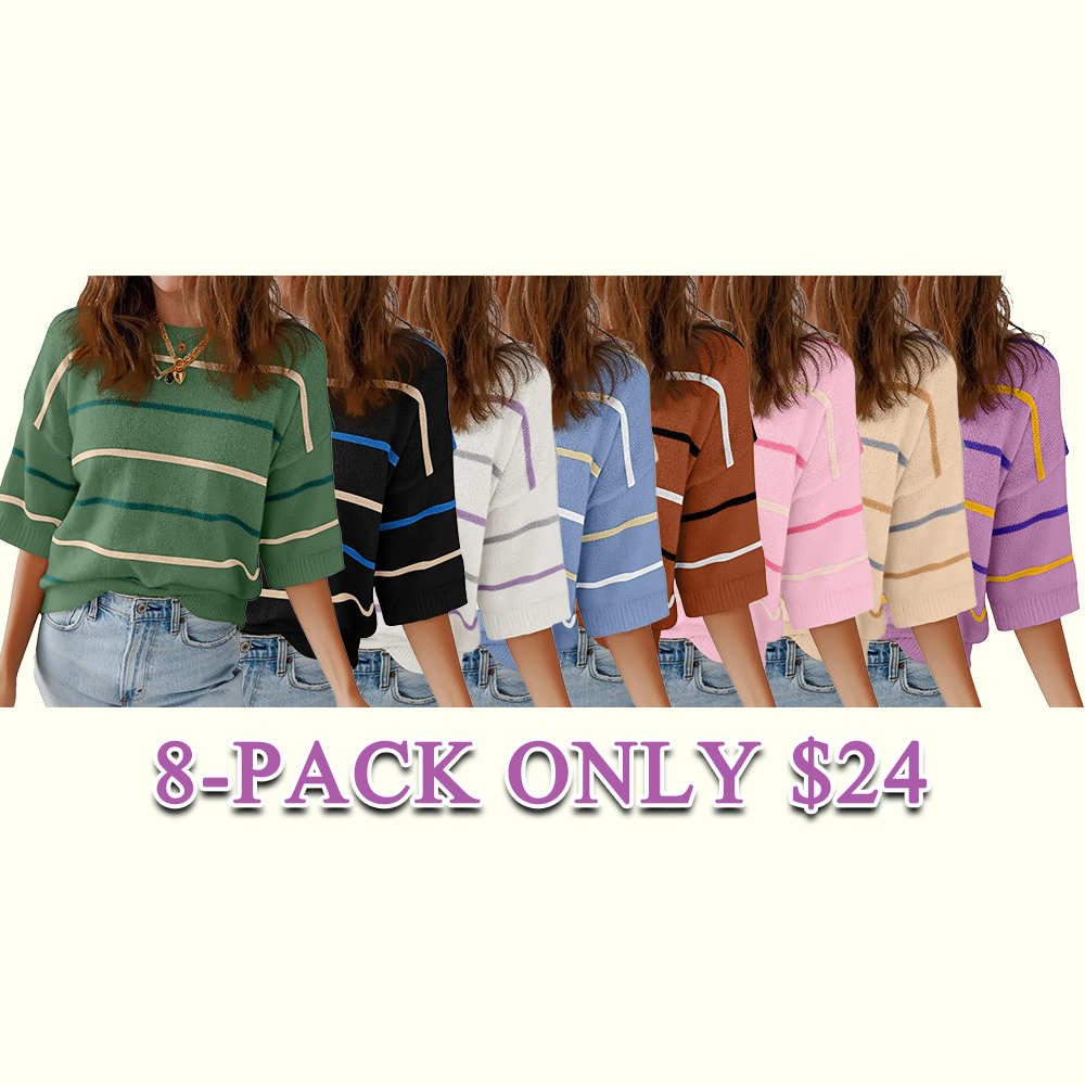 Women's Striped Knit Short Sleeve Pullover Top Ribbed Neck & Cuff Baggy Casual Everyday 