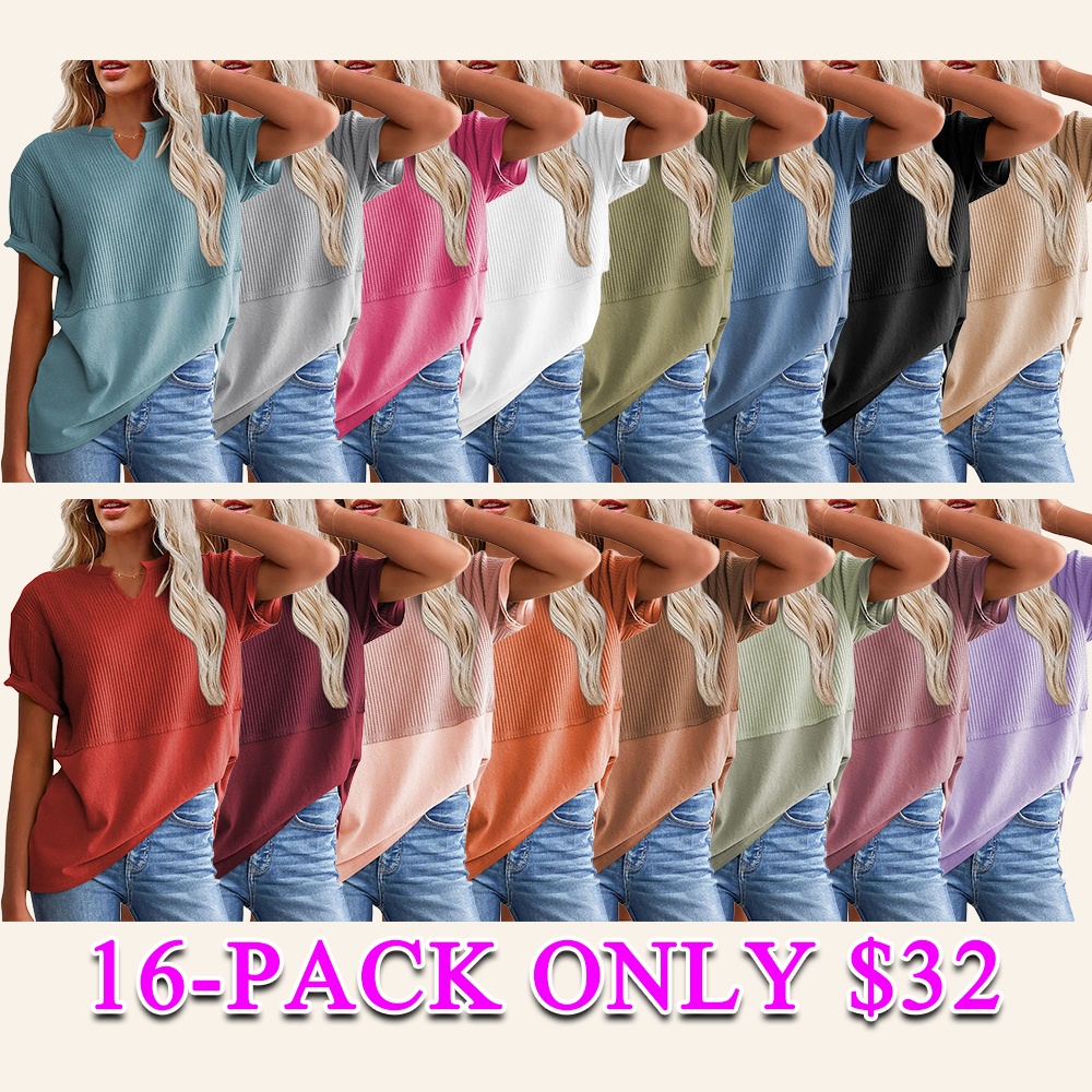 Women's Waffle Knit V-Neck Tunic Top Casual Short Sleeve Loose Fit Lightweight Summer Shirt for Beach Party Back to School Daily Wear
