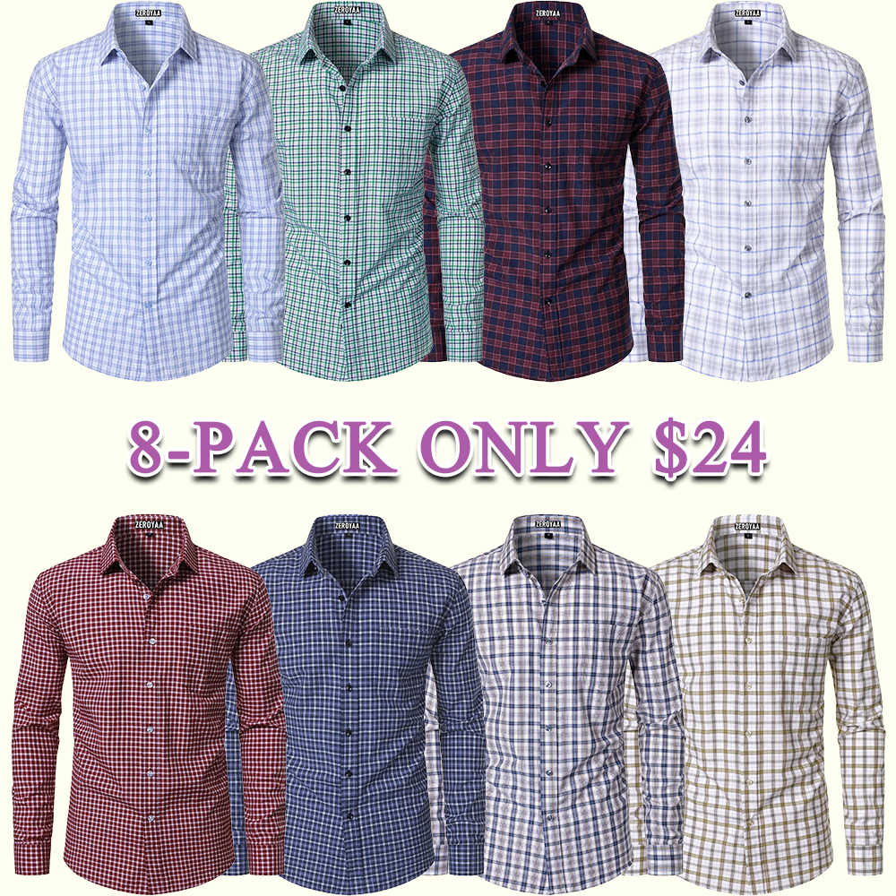 Men's Plaid Gingham Slim Fit Dress Shirt Long Sleeve Classic Button Down Lightweight Casual Formal School Outfit