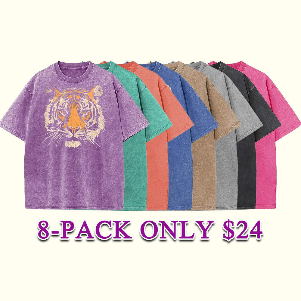 Unisex Vintage Tiger Graphic Short Sleeve T‑Shirt Acid Washed Heavyweight Cotton Oversized Crew Neck Casual