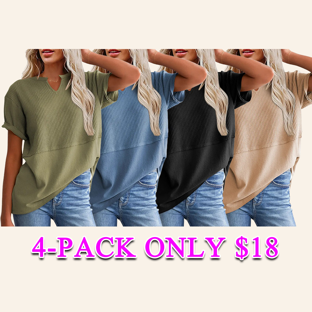 Women's Waffle Knit V-Neck Tunic Top Casual Short Sleeve Loose Fit Lightweight Summer Shirt for Beach Party Back to School Daily Wear