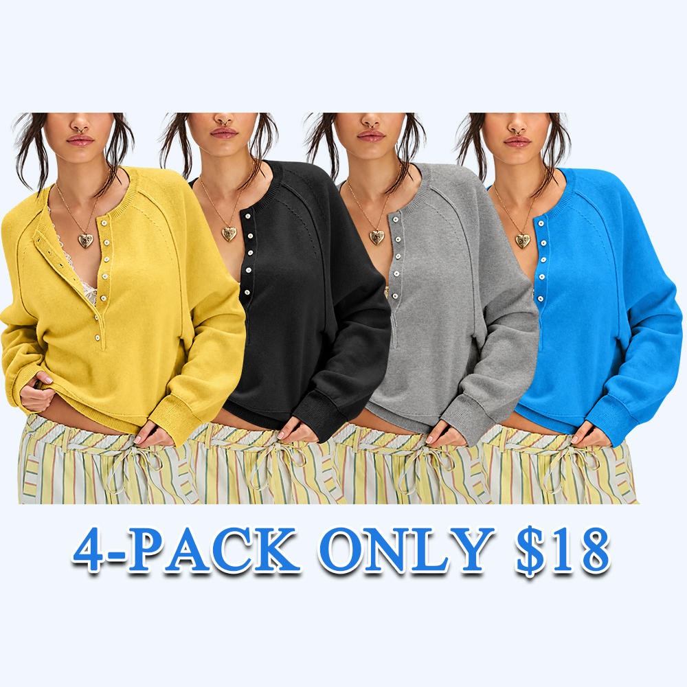 Women's Henley Half Button Knit Sweater, Long Sleeve Lightweight Solid Casual Pullover, Soft Comfortable