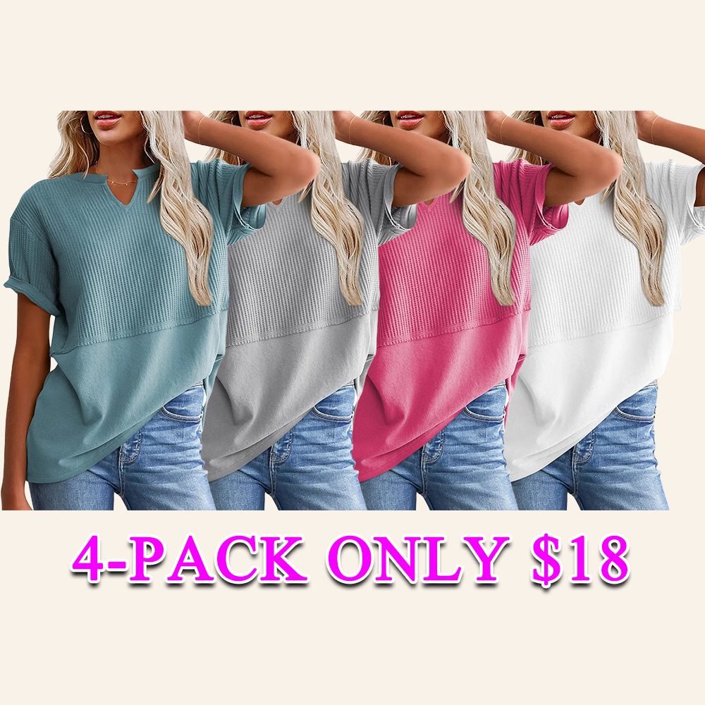 Women's Waffle Knit V-Neck Tunic Top Casual Short Sleeve Loose Fit Lightweight Summer Shirt for Beach Party Back to School Daily Wear