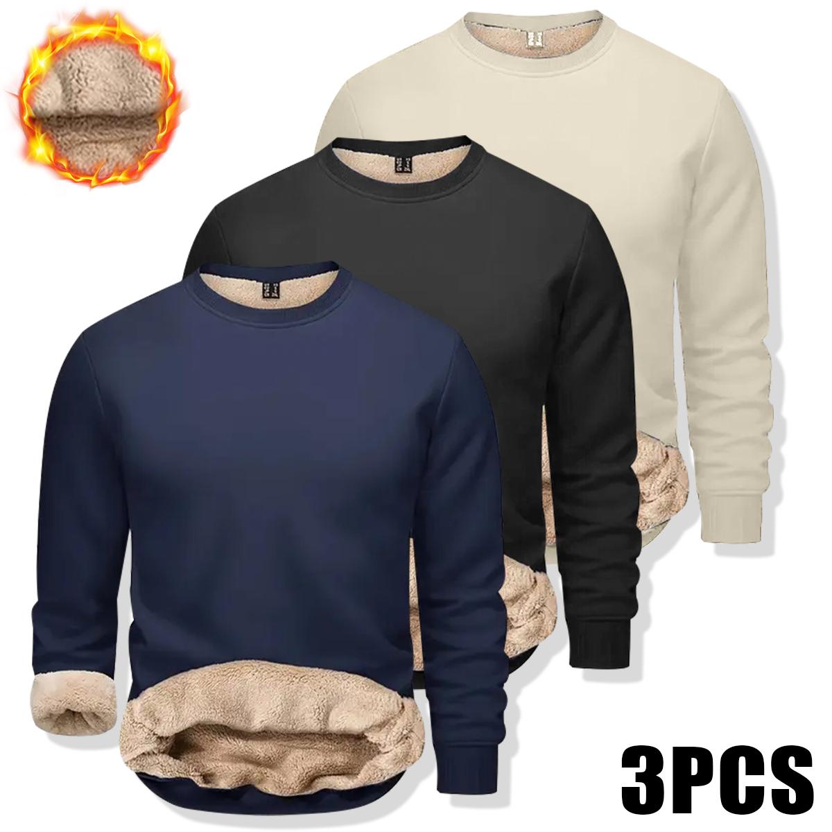 Men's 3-Pack Fitted Crewneck Pullover Sweatshirts, Faux-Fleece Lined, Wind-Resistant Polyester Athletic Fashion Activewear, Casual Halloween Party Autumn Winter Machine-Washable Tops