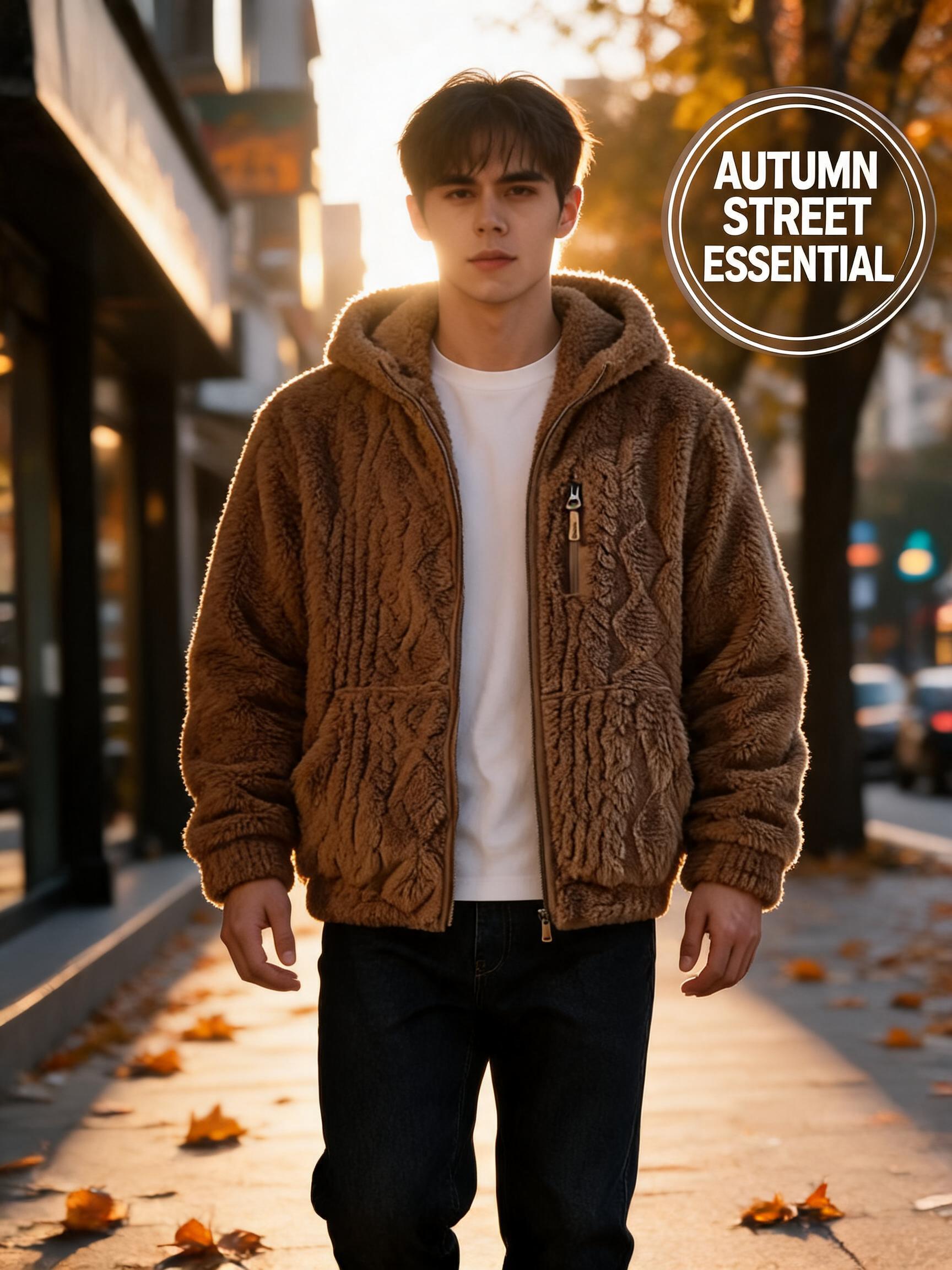 Men's thermal fleece jacket Polyester Jacquard Fabric Zip-Up Hoodie Jacket - Warm, Loose-Fit, Plush Texture, Plain Hooded Outerwear with Decorative Zipper Pull, Kangaroo Pockets for Outdoor & Indoor Urban Commute Menswear