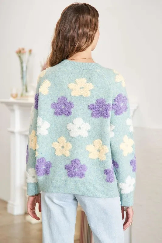 Full Size Floral Popped 2-Tone Sweater Top Plus Size