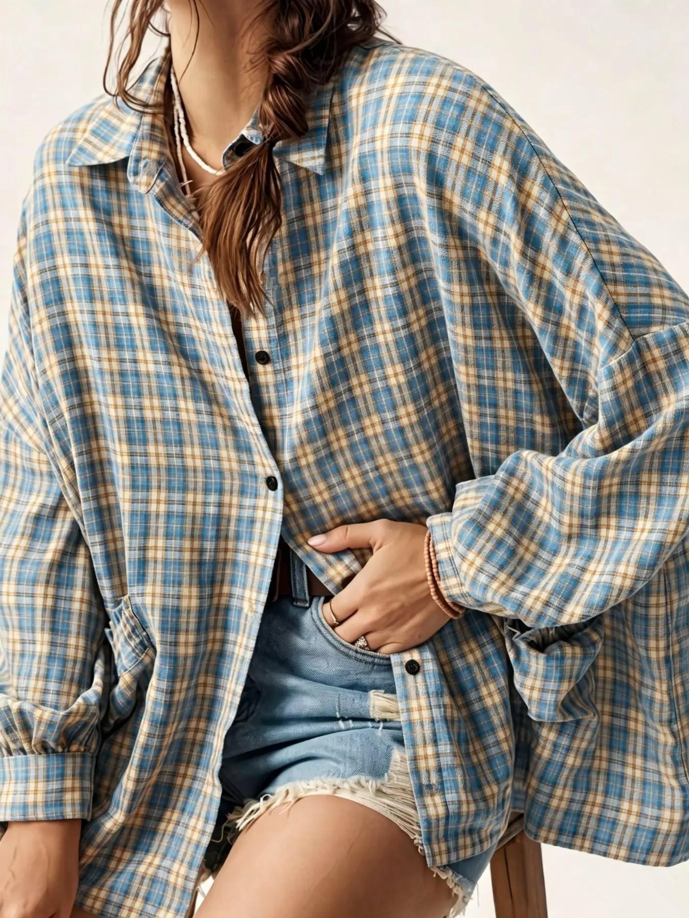 Women's Blue Plaid Oversized Pouch Pocket Long Sleeve Shirt, Blouse, Comfortable Loose Fit Top, Vintage Street Style, All Seasons