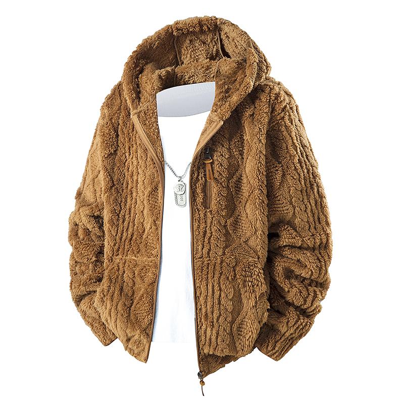 Men's thermal fleece jacket Polyester Jacquard Fabric Zip-Up Hoodie Jacket - Warm, Loose-Fit, Plush Texture, Plain Hooded Outerwear with Decorative Zipper Pull, Kangaroo Pockets for Outdoor & Indoor Urban Commute Menswear