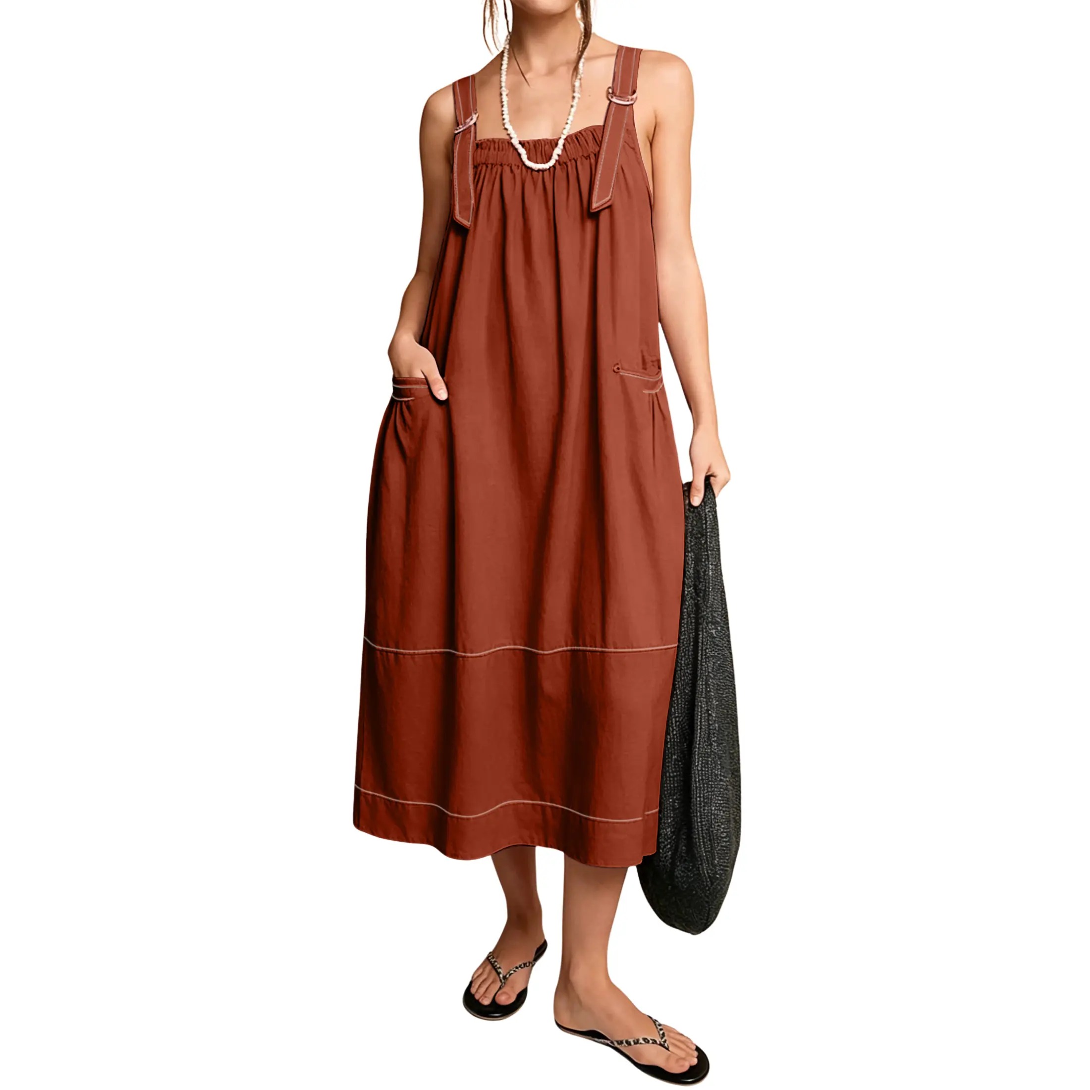 Women's Adjustable Straps Barrel Midi Dress Sleeveless Casual Midi Dress with Side Pockets for Summer Beach Vacation