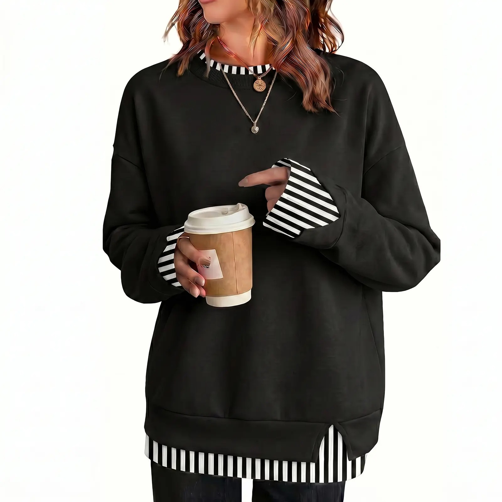 Women's Fake Two-Piece Layered Hoodie, Oversized Drop Shoulder Air Layer Pullover, Casual Crew Neck Patchwork Sweatshirt 