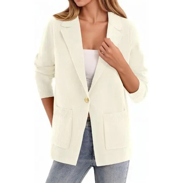 Women's Slim Fit Knit Blazer Jacket, Soft Polyester Open Front Blazer with Functional Pockets
