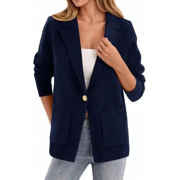 Women's Slim Fit Knit Blazer Jacket, Soft Polyester Open Front Blazer with Functional Pockets
