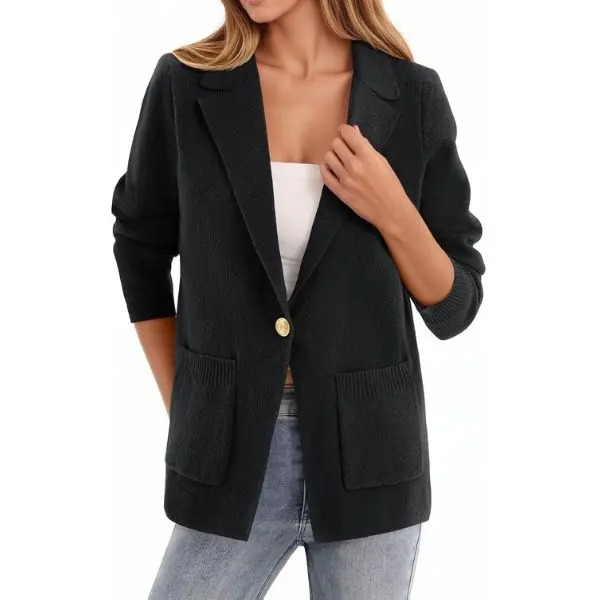 Women's Slim Fit Knit Blazer Jacket, Soft Polyester Open Front Blazer with Functional Pockets
