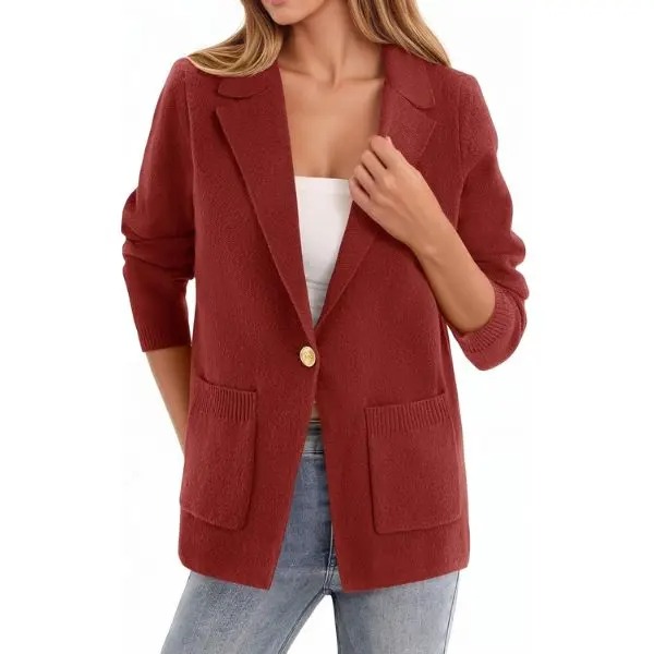 Women's Slim Fit Knit Blazer Jacket, Soft Polyester Open Front Blazer with Functional Pockets