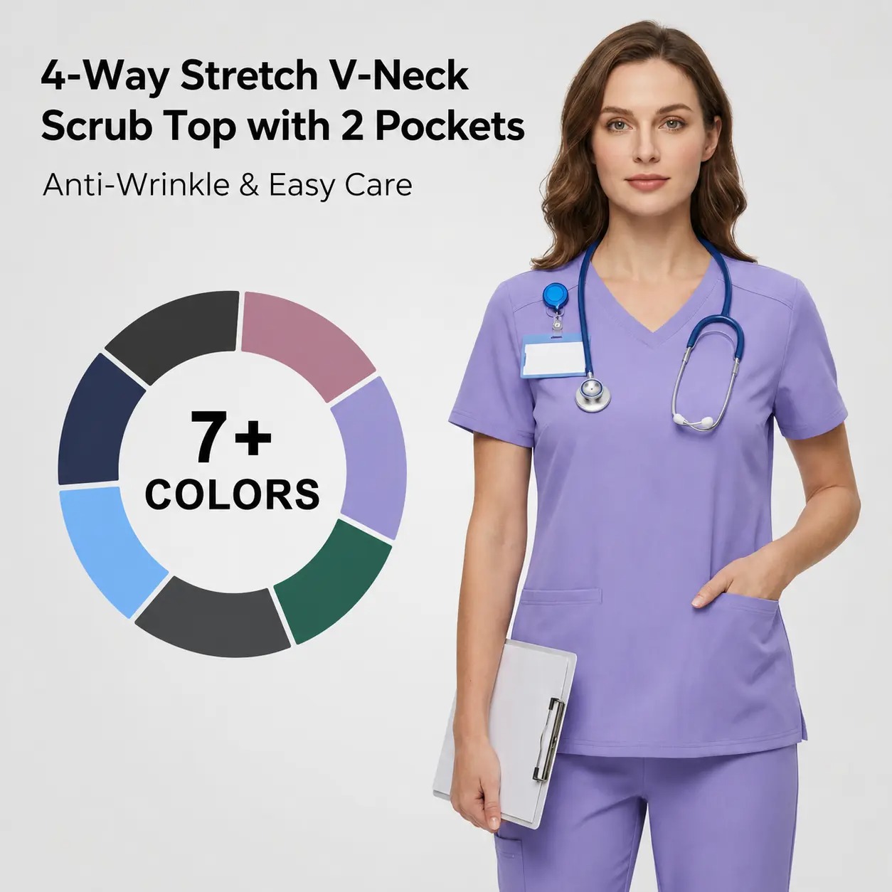Women's 4-Way Stretch V-Neck Scrub Top, Wrinkle Resistant Breathable Medical Uniform with 2 Pockets, Classic Healthcare Workwear for Nurses & Medical Professionals