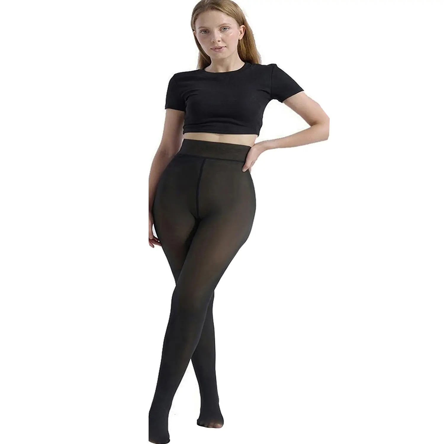 Women's Fake Sheer Thermal Tights, Fleece Lined High Stretch Warm Pantyhose, Minimalist Slim Thick Leggings for Winter Dress Daily Wear